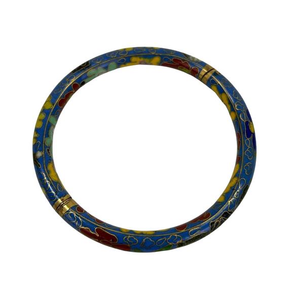 Hinged Bangle Bracelet Cloisonne Multicolor Flowers Blue Enamel Chinese Export - Picture 2 of 3